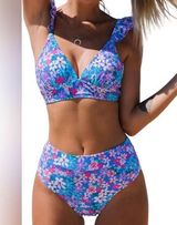 NWT CUPSHE Bikini High Waisted Bottom Floral Print Ruffle V Neck purple size M Photo 0