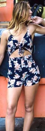 Blue Blush Floral Front Tie Romper Photo 0
