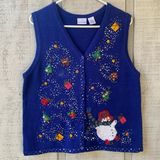 kim rogers Vintage  Women's size Large Beaded Blue Christmas Holiday Snowman Vest Photo 0