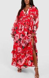 NWOT Boohoo Plus Size Red Floral Chiffon Ruffle Long Sleeve Party Maxi Dress Photo 0