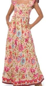 House of Harlow Zoey Khaki Floral Bohemian Smocked Maxi Dress ruffle tiered L Photo 0