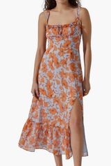 Astr The Label Medium Orange Blue Floral Square Neck Midi Dress Photo 0