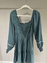 American Eagle Plaid Mini Dress Smocked Long Sleeve Square Neck Gingham Babydoll Photo 0
