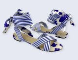 CAbi Tied Up Watercolor Blue Floral Striped Cotton Ankle Wrap Sandal 6013 8 NWOB Photo 0