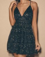 NWT Lulus Favorite Moment Gold and Black Star Print Skater Dress Photo 0