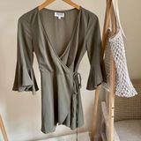 Flutter Sleeve Wrap Front Mini Dress in Olive Green Photo 0