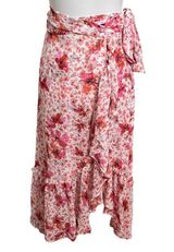 MISA Los Angeles MISA Themis Gardenia Floral Pink White Ruffle Tie Belt Wrap Midi Skirt Size S Photo 0