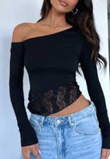 White Fox Boutique Black One-Shoulder Lace Top Photo 0