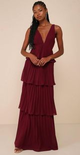 Mesmerizing Essence Burgundy Pleated Backless Tiered Maxi Dress  Photo 0