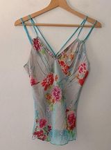 Hale Bob HaléBob Y2K Silk Cami Floral Hawaii Sequin Size Medium Straps Blue Rose Print Photo 0