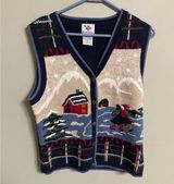 Vintage Womens Sweater Vest Navy Ice Skating Snowy Winter Scene Size Small 3D Blue Photo 0
