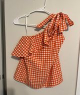 One shoulder gingham orange print top with bow tie Size M Photo 0