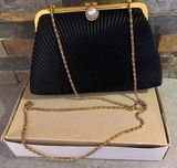 Tango Women's Black Satin Flat Pleated Pearl Clutch Purse Shoulder Bag Formal Photo 0