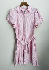 Alexis Target pink stripe Linen blend puff sleeve belted shirt dress tradwife S Photo 0