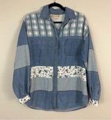 Vintage | Bonjour | Blue Multi Print Denim Button Down Shirt Size Large Photo 0