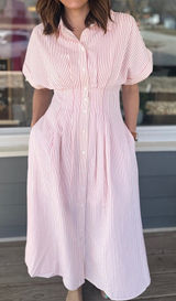 Entro Pintuck Pleated Striped Button-Down Midi Dress Photo 0