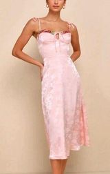 NWT Lulus Ethereal Muse Light Pink Satin Jacquard Embroidered Midi Dress LARGE Photo 0