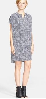 Vince NEW SILK STATIC DOT BLACK WHITE BLUE GRAY PRINT TRAPEZE SPLIT VNECK DRESS Photo 0