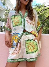 Boho Style Porcelain Print Pajama set or Beachwear Size Large Green Photo 0