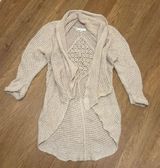 CAbi  Tan Teachers Pet Open Knit Cardigan Sweater Asymmetrical Hem Photo 0