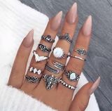 Boutique 13 Piece Silver Boho Opal Crystal Ring Set Photo 0