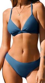 NWT CUPSHE Bikini V Neck Low Rise Crisscross Back Self Tie Steel Blue size M Photo 0