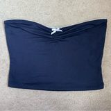 Navy blue tube top with white lace trim and bow detail Size L Photo 0