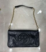 Tory Burch Leather Clutch Zipper Purse Black With Gold Chains Photo 0