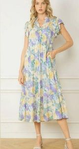 entro Floral Tiered V-Neck Midi Dress * Purple Yellow * Medium Photo 0