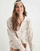 Aerie Leopard Cheetah Print Tan Cream Oversized Pullover 1/4 Zip Sweatshirt med Photo 0