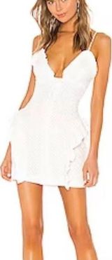 Revolve Ruby Mini Dress In White On White Dot Ruffle Hip Detail Party Dress Photo 0