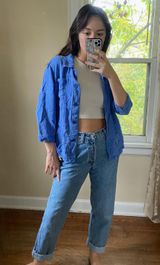 JM Collection Blue Button Down Top Photo 0