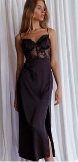 Selfie Leslie Trophy Lace Bodice Midi Dress Black Satin Size Medium M NWT Photo 0