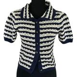 Lush Navy & Cream Striped Cropped Crochet Short Sleeve  Sweater, size Small Photo 0