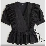 J. Crew Women's Ruffle Wrap Top Eyelet Black Blouse Large V Neck Peplum Photo 0