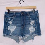 American Eagle Super Stretch Dark Wash Denim Distressed Hi Rise Shortie Shorts Photo 0
