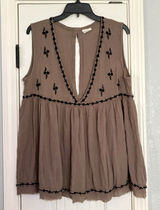 Natural Life Babydoll Top Brown Large Embroidered Deep V-Neck Sleeveless Raw Hem Photo 0
