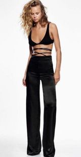Zara Black Satin Wide Leg Waist Tie Pants Photo 0