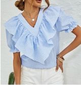 Shein White and Blue Gingham Ruffle Top Photo 0