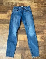 Good American Jeans mid wash denim frayed ends high rise skinny Photo 0