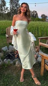 midi dress satin sleeveless tube olive green wedding party summer Photo 0