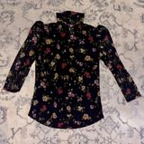 Catherine Malandrino Women’s Lined Mesh Blouse Black Floral 3/4 Puff Sleeves Sz Small - EUC Photo 0