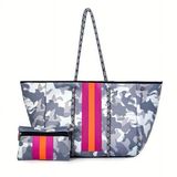 Grey & White Camo Large Tote Bag with Pink & Neon Orange Stripes Gray Photo 0