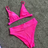 Aerie Hot Pink Shine Rib Plunge Bikini Top and Bottoms Photo 0