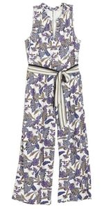LOFT Floral Wide Leg Sleeveless Belted Jumpsuit Tropical Ivory Purple Size Large Photo 0