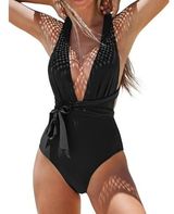 NWT Cupshe One Piece Swimsuit Deep V Neck Self Tied Belt Bathing Suit Black Med Photo 0