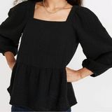 Madewell Black Lightspun Millbrook Puff-Sleeve Peplum Top Size Medium Gauze Photo 0