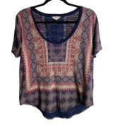 Lucky Brand Size Large Border Print Tee Shirt Blue Bohemian Aztec Scoop Neck Photo 0