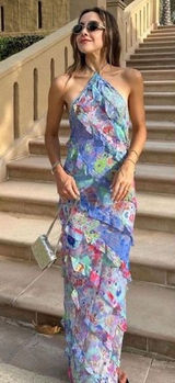 Zara Halter Backless Multi-color Ruffle Maxi Dress Photo 0