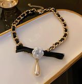 Women's Flower Black Leather Pearl Pendant Choker Necklace Gold Photo 0
